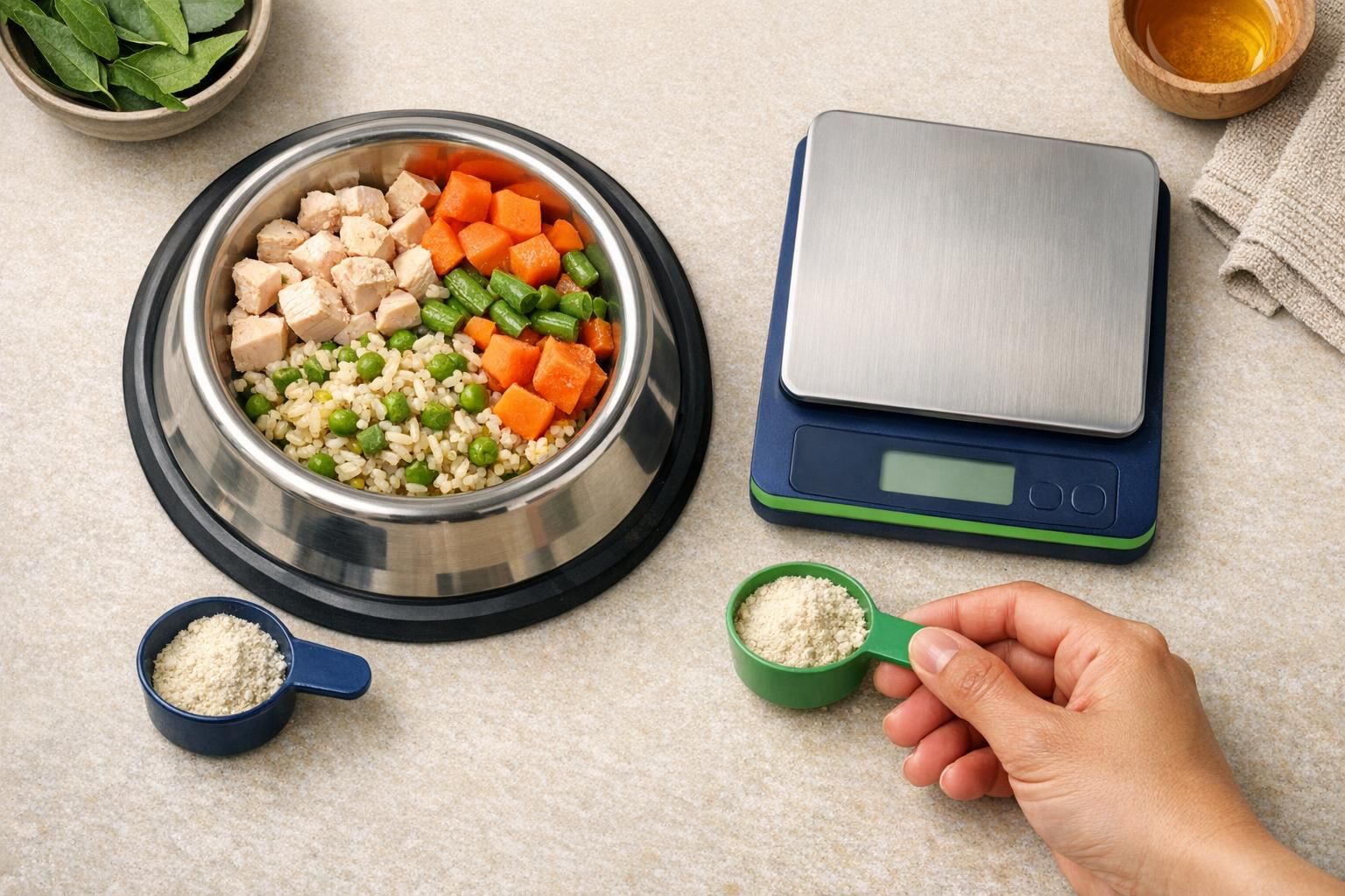 Ear scratching and ear infections in dogs, dosage by weight: measuring scoop of supplement beside a dog bowl | K9 Vitality