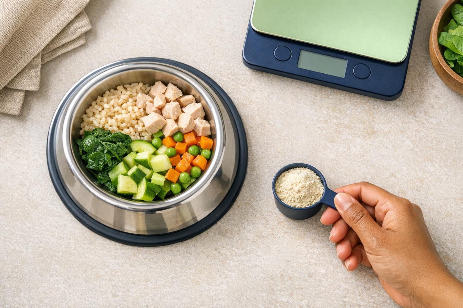 Firework and thunder anxiety in dogs, dosage by weight: measuring scoop of supplement beside a dog bowl | K9 Vitality