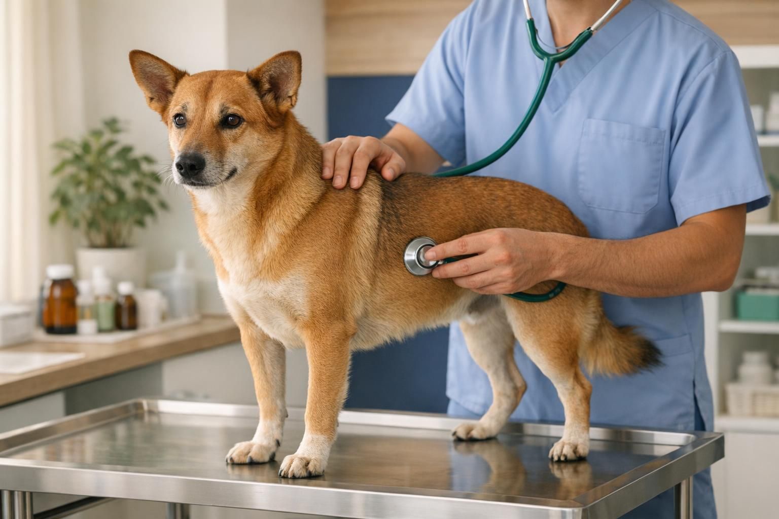 Firework and thunder anxiety in dogs, when to see your vet: calm dog being examined by a vet | K9 Vitality