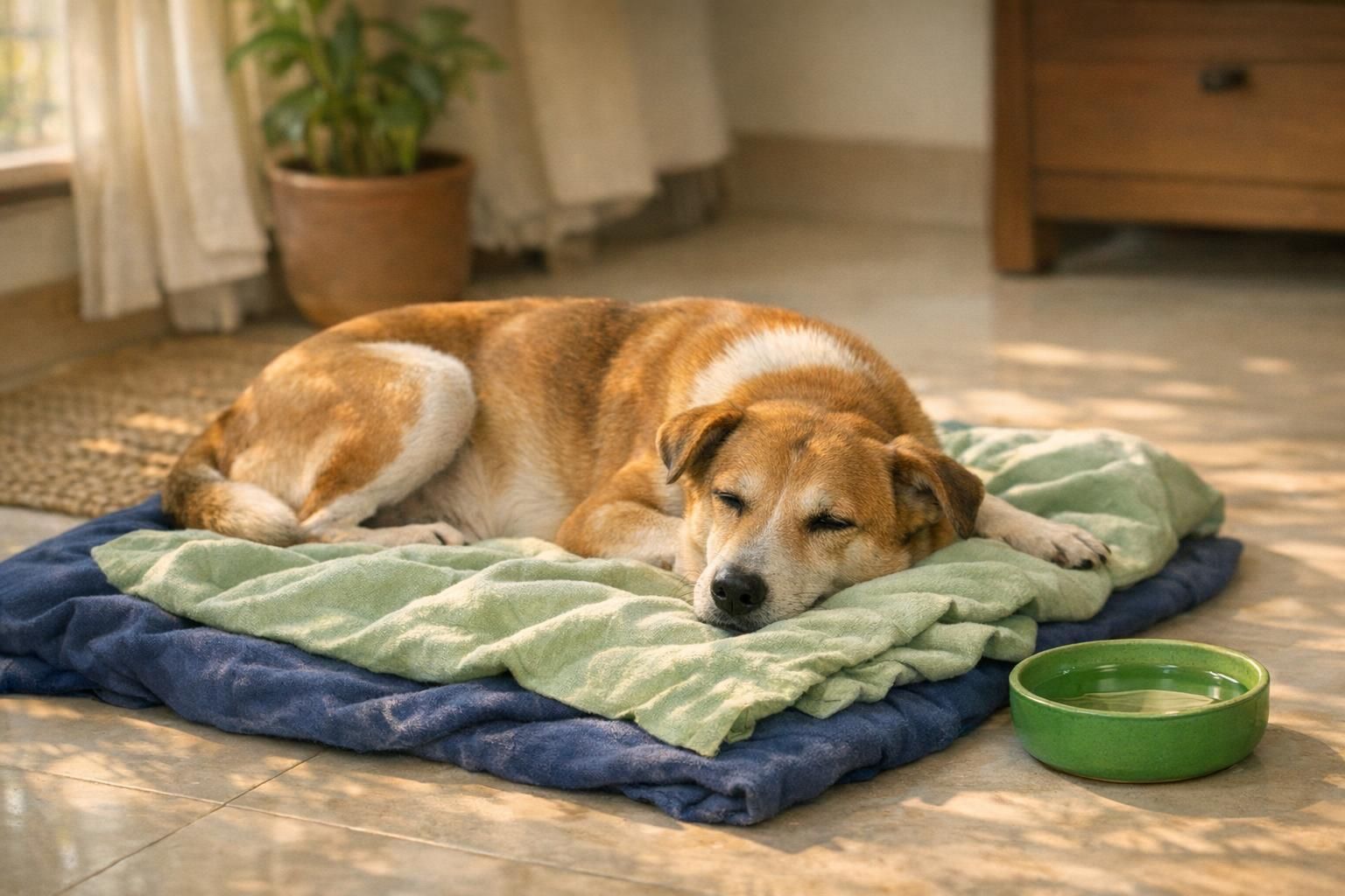 Dog loose motions, why gut support matters after the episode: dog resting comfortably at home while recovering | K9 Vitality