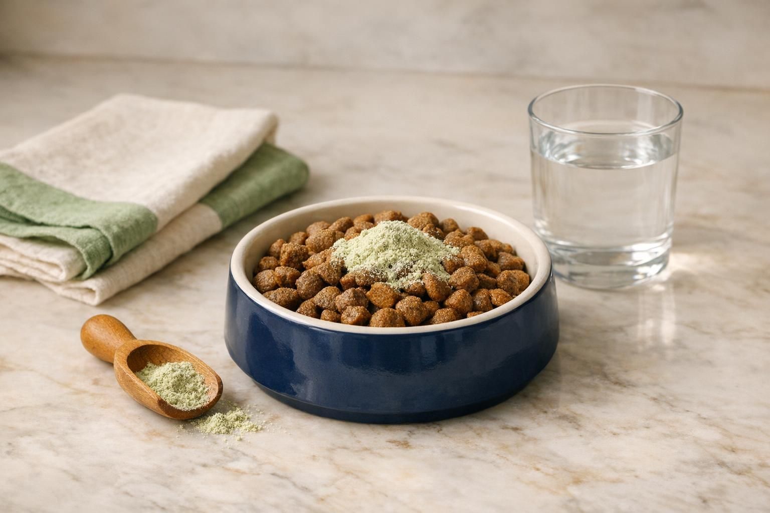 Dog loose motions, what a daily probiotic actually does: dog food bowl with supplement powder | K9 Vitality