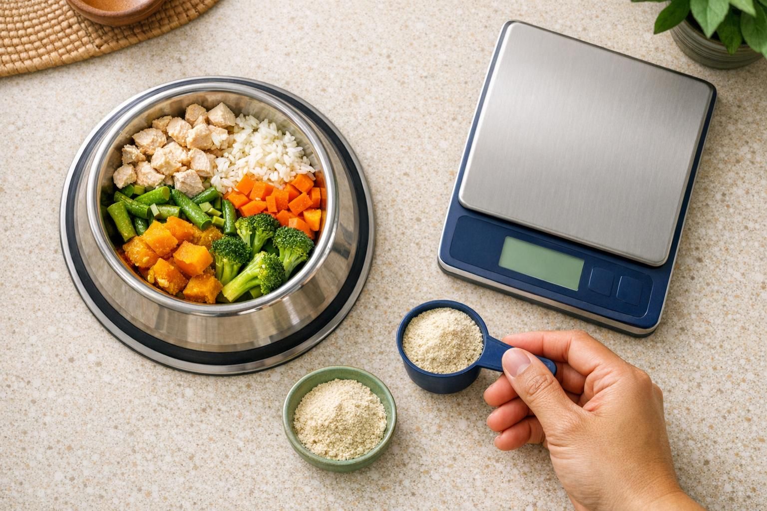 Dog loose motions, dosage by weight: measuring scoop of supplement beside a dog bowl | K9 Vitality