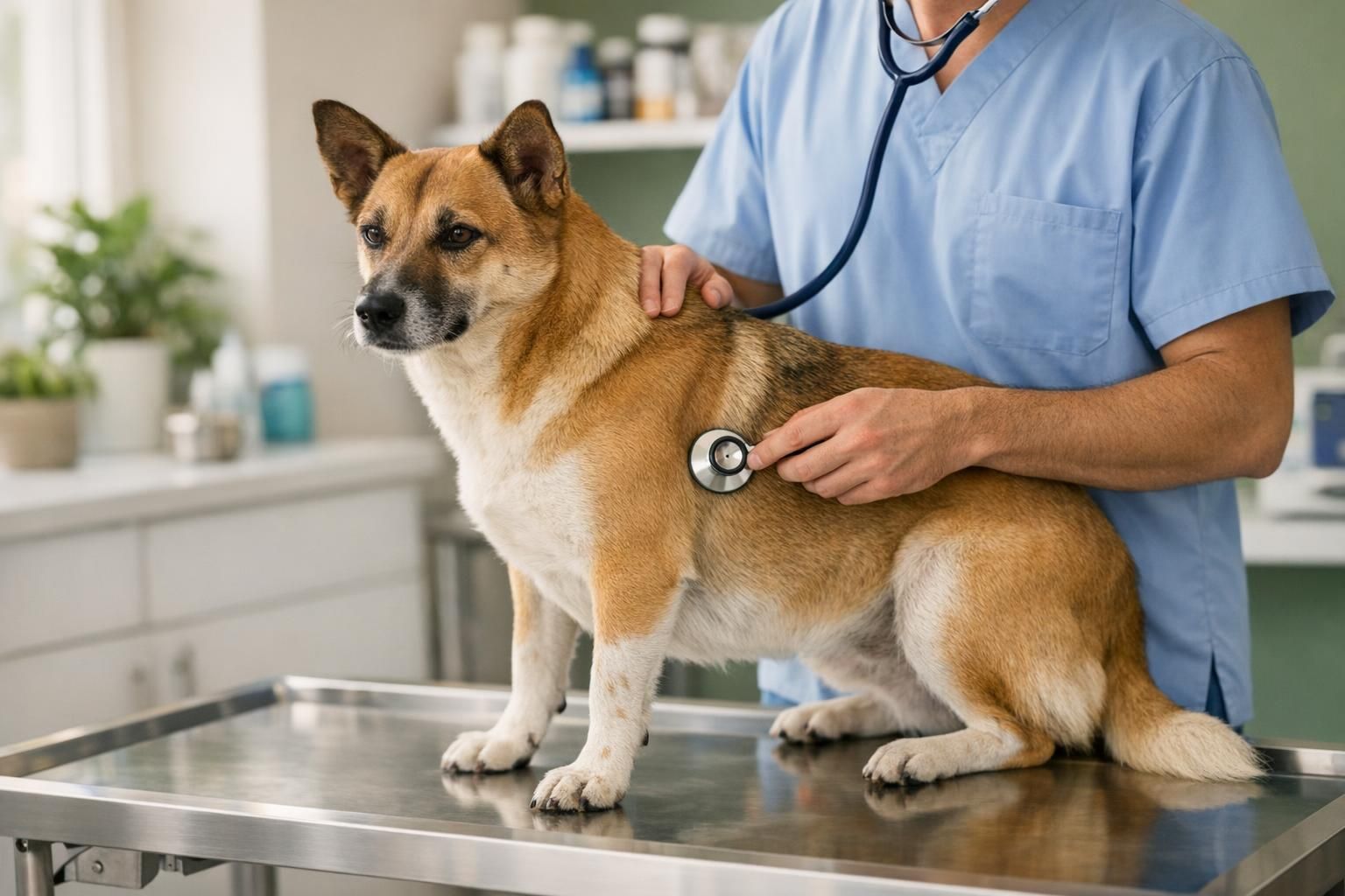 Dog vomiting, red flags: when it is a same-day vet visit: calm dog being examined by a vet | K9 Vitality