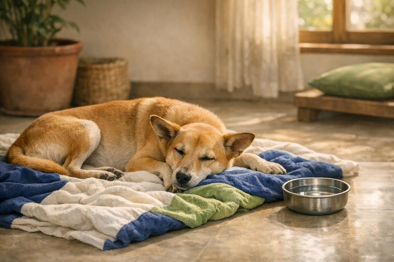 Dog vomiting, how a daily probiotic supports recovery: dog resting comfortably at home while recovering | K9 Vitality