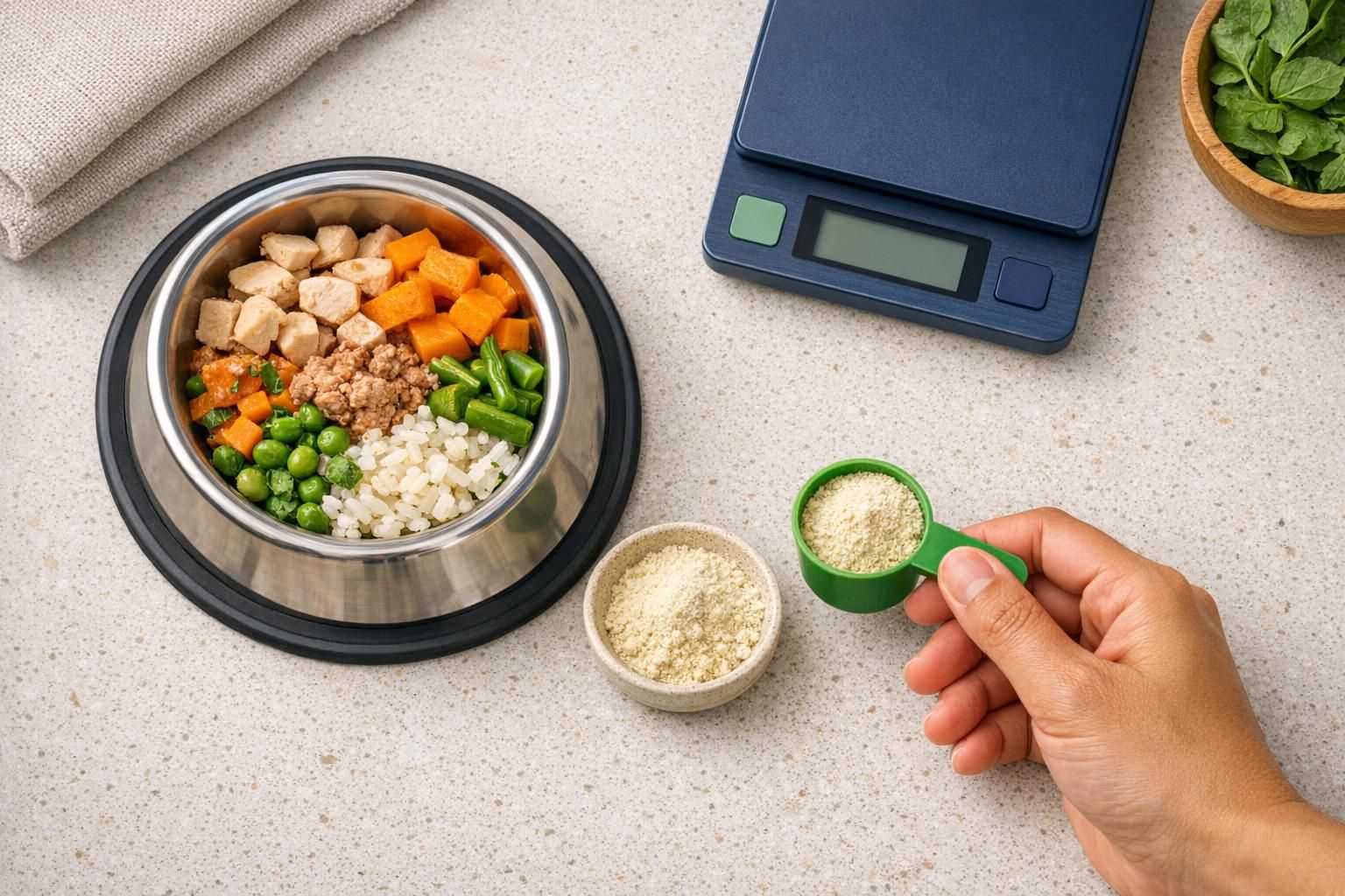 Dog vomiting, dosage by weight: measuring scoop of supplement beside a dog bowl | K9 Vitality
