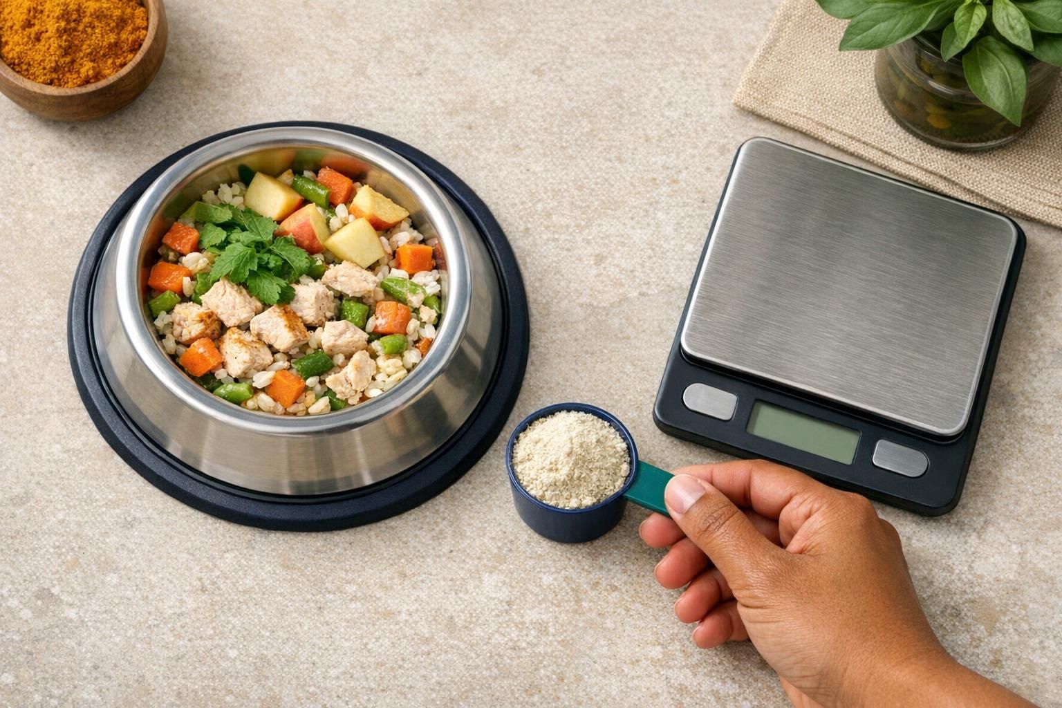 Dog limping, dosage by weight: measuring scoop of supplement beside a dog bowl | K9 Vitality