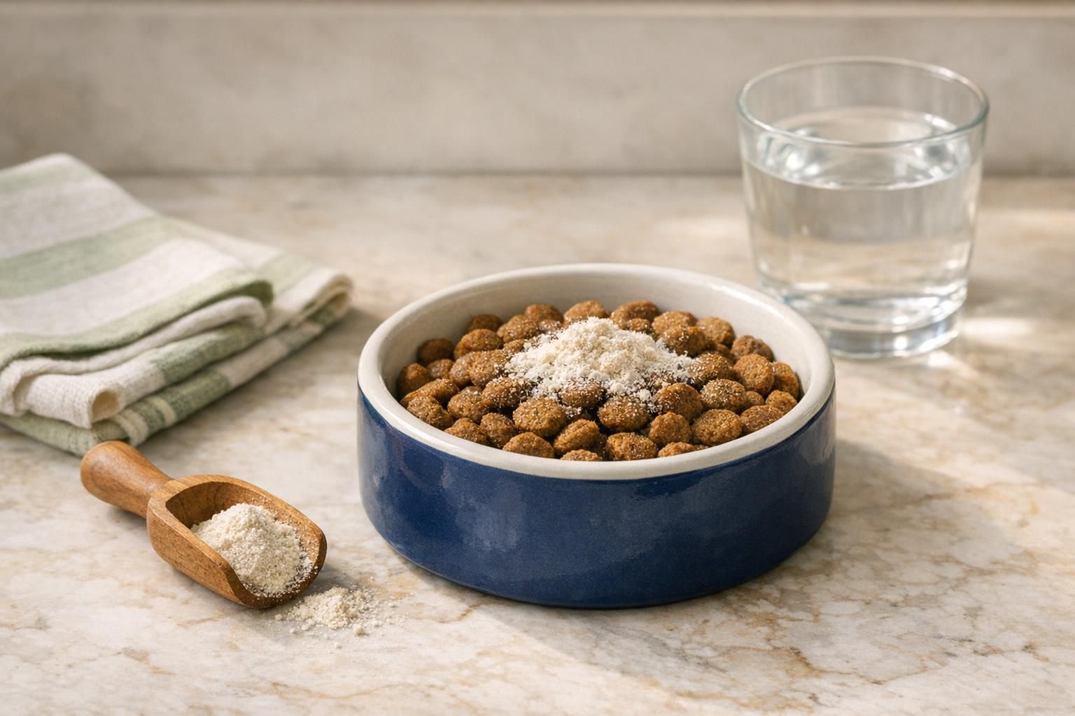 Dogs and probiotics, what the research says about probiotics in dogs: dog food bowl with supplement powder | K9 Vitality