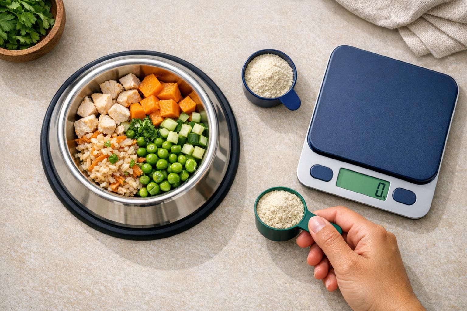 Dogs and probiotics, what a daily pre+probiotics scoop actually does: measuring scoop of supplement beside a dog bowl | K9 Vitality