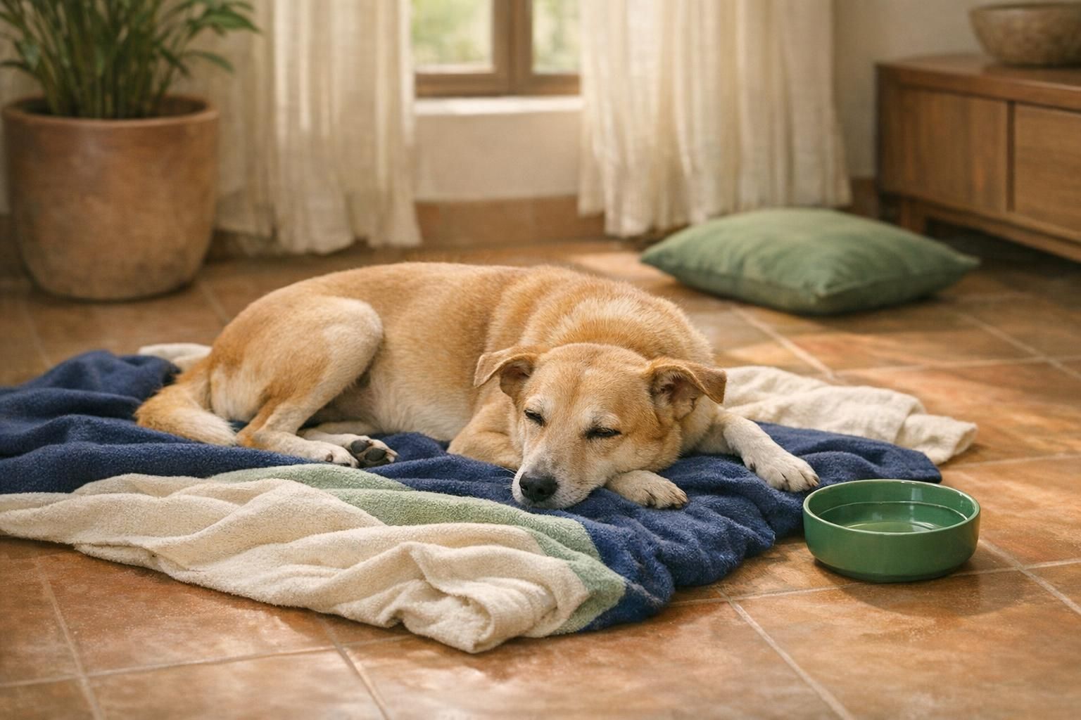 Tick fever in dogs, helping your dog recover at home: dog resting comfortably at home while recovering | K9 Vitality