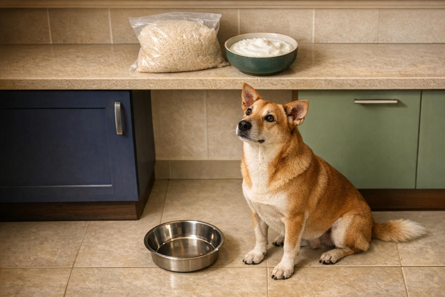 Tick fever in dogs, where daily gut support fits in: dog waiting by its bowl in an Indian kitchen | K9 Vitality